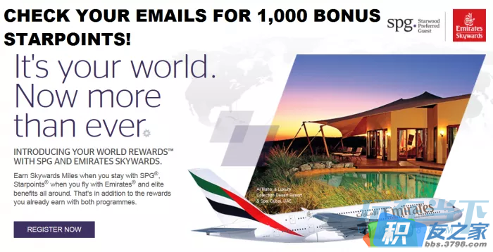 关联喜达屋与阿联酋航空常旅客帐号，获得1000积分奖励