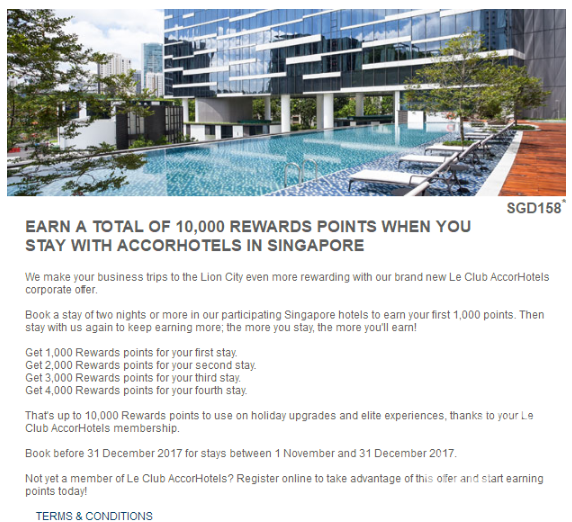 入住新加坡雅高旗下酒店最高额外送10000积分（价值200欧元 截止12月31日）